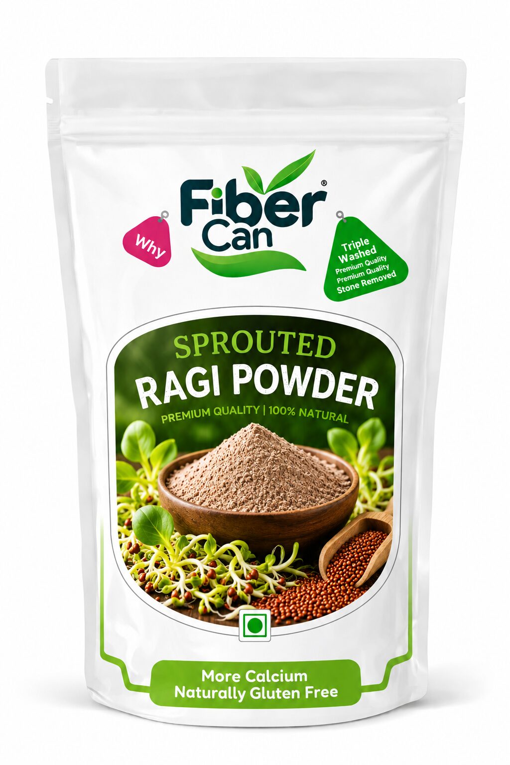 FiberCan Sprouted Ragi Flour 300g | Finger Millet Powder (Nachni/Madua) | High Calcium & Fiber | No Added Sugar