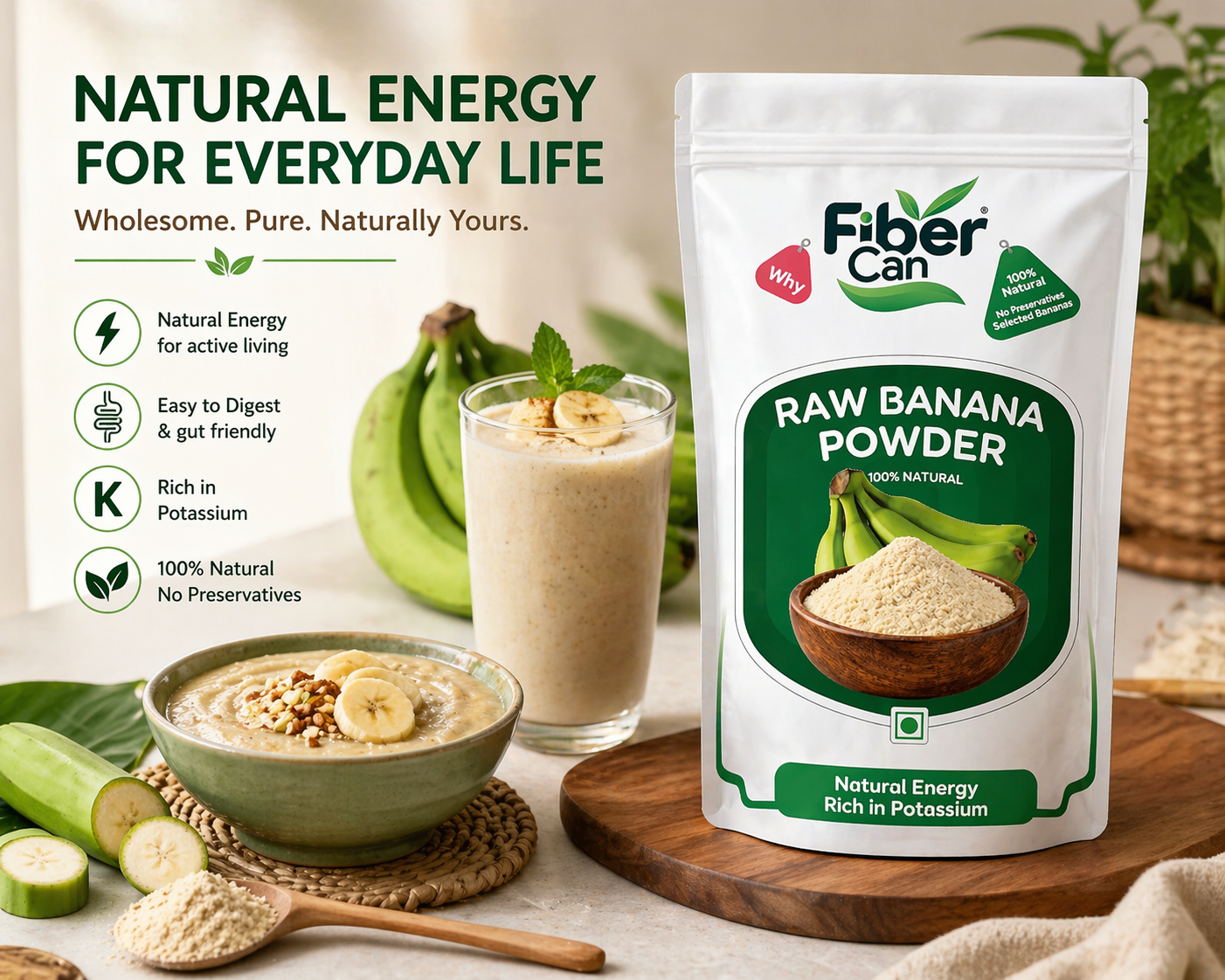 FiberCan Raw Banana Powder 300g (Kerala Nendran) | Natural Green Banana Flour | Rich in Fiber | No Added Sugar - Image 2