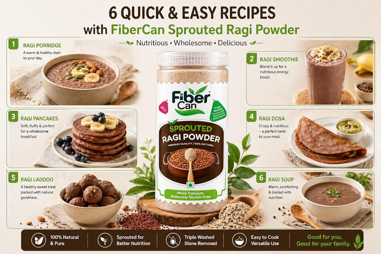 FiberCan Sprouted Ragi Flour 500g Pet | Natural Finger Millet | High Fiber Calcium Rich Porridge Drink | Gluten Free Traditional Millet Powder | Cleaned & Stone Free - Image 5