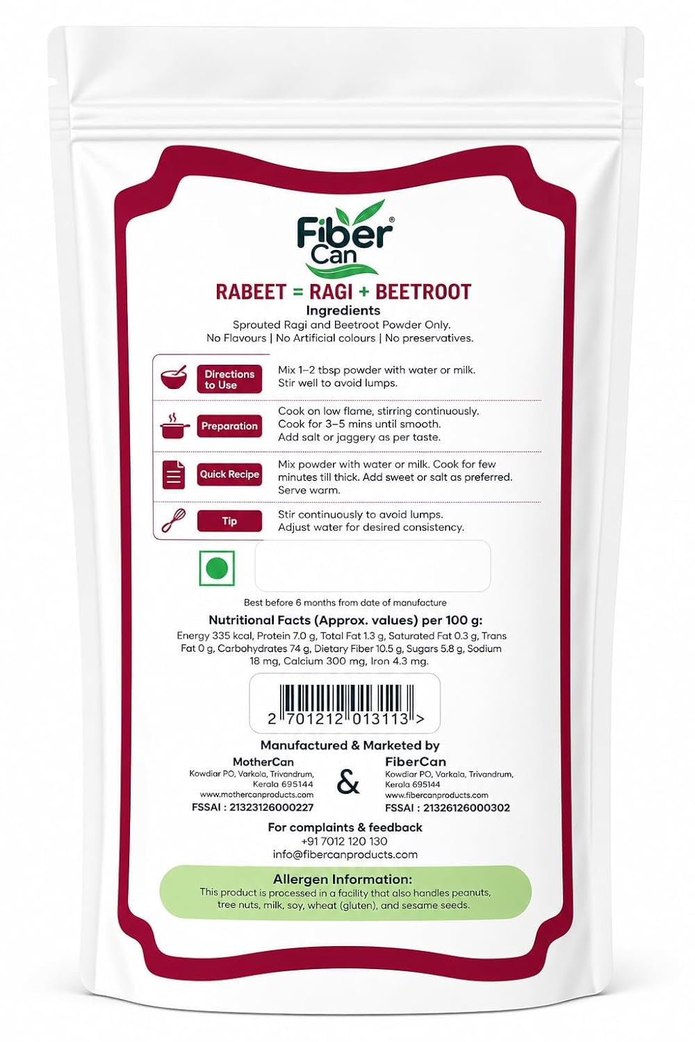 FiberCan Rabeet Sprouted Ragi Beetroot Powder 300g | Natural Detox | High Fiber | Rich in Iron | No Added Sugar, No Preservatives - Image 8