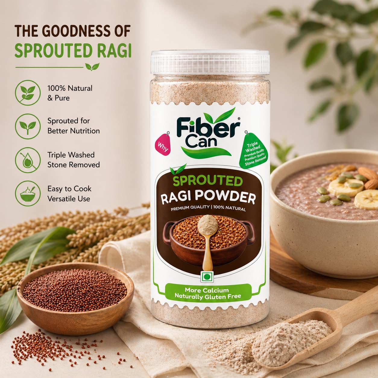 FiberCan Sprouted Ragi Flour 500g Pet | Natural Finger Millet | High Fiber Calcium Rich Porridge Drink | Gluten Free Traditional Millet Powder | Cleaned & Stone Free - Image 3