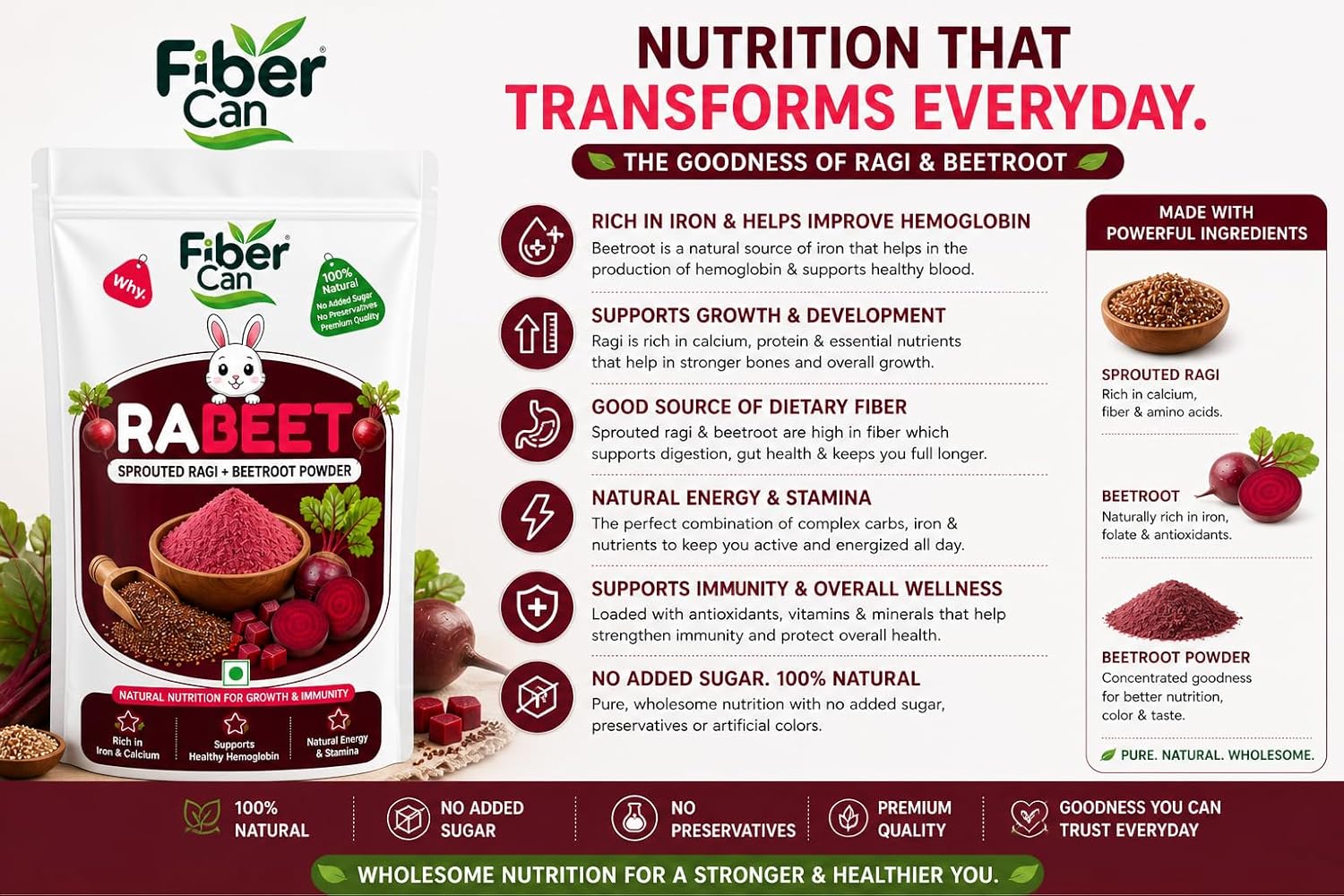 FiberCan Rabeet Sprouted Ragi Beetroot Powder 300g | Natural Detox | High Fiber | Rich in Iron | No Added Sugar, No Preservatives - Image 5