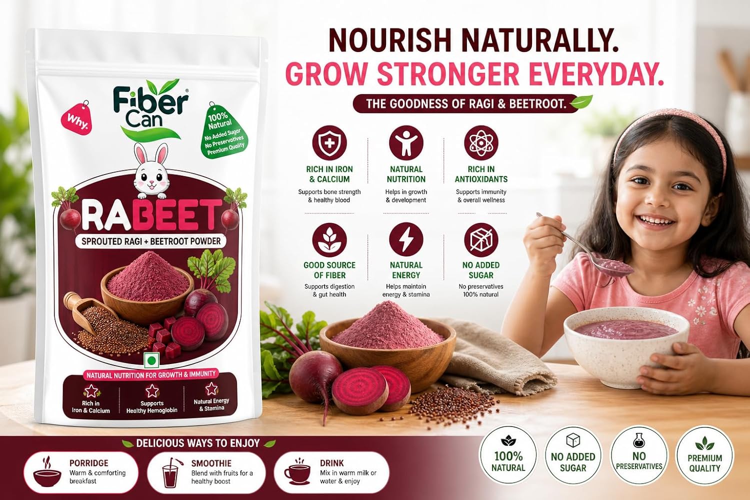 FiberCan Rabeet Sprouted Ragi Beetroot Powder 300g | Natural Detox | High Fiber | Rich in Iron | No Added Sugar, No Preservatives - Image 7