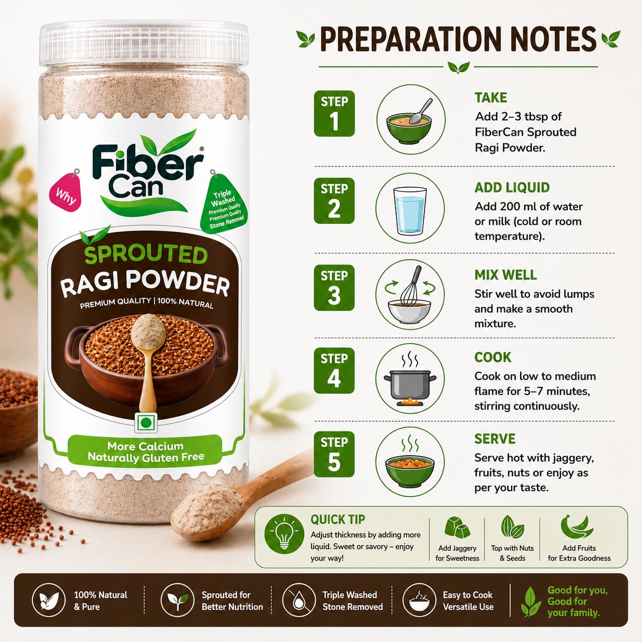 FiberCan Sprouted Ragi Flour 500g Pet | Natural Finger Millet | High Fiber Calcium Rich Porridge Drink | Gluten Free Traditional Millet Powder | Cleaned & Stone Free - Image 6