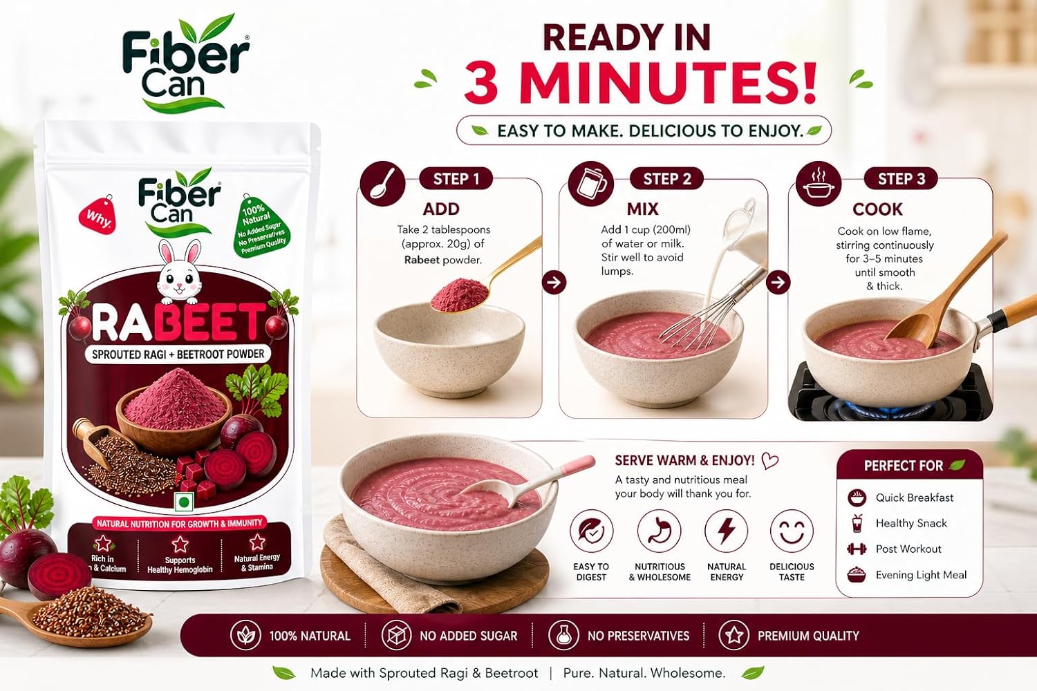 FiberCan Rabeet Sprouted Ragi Beetroot Powder 300g | Natural Detox | High Fiber | Rich in Iron | No Added Sugar, No Preservatives - Image 6