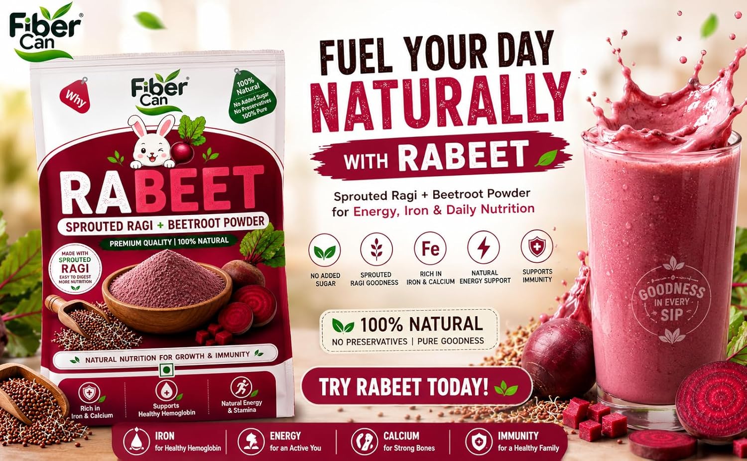 FiberCan Rabeet Sprouted Ragi Beetroot Powder 300g | Natural Detox | High Fiber | Rich in Iron | No Added Sugar, No Preservatives - Image 3