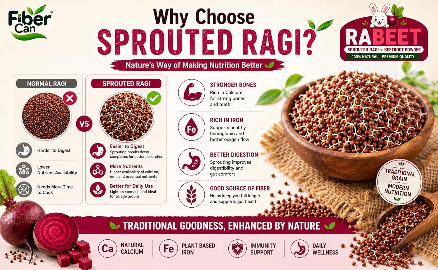 FiberCan Rabeet Sprouted Ragi Beetroot Powder 300g | Natural Detox | High Fiber | Rich in Iron | No Added Sugar, No Preservatives - Image 2