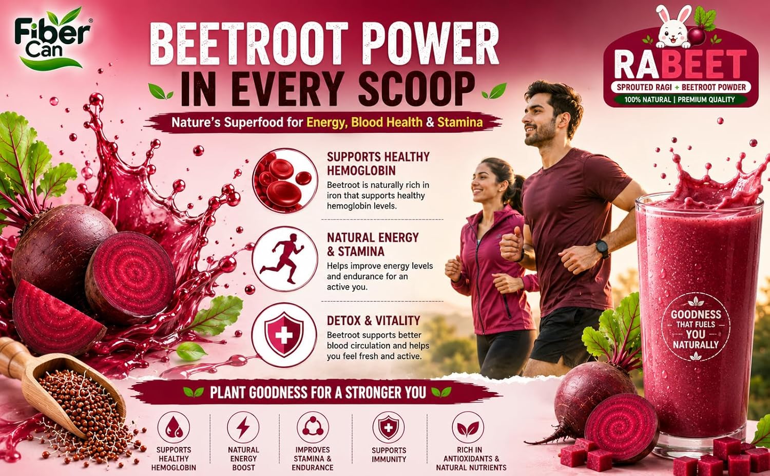 FiberCan Rabeet Sprouted Ragi Beetroot Powder 300g | Natural Detox | High Fiber | Rich in Iron | No Added Sugar, No Preservatives - Image 9
