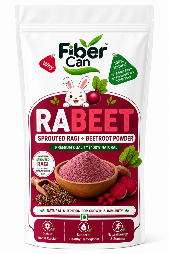 FiberCan Rabeet Sprouted Ragi Beetroot Powder 300g | Natural Detox | High Fiber | Rich in Iron | No Added Sugar, No Preservatives