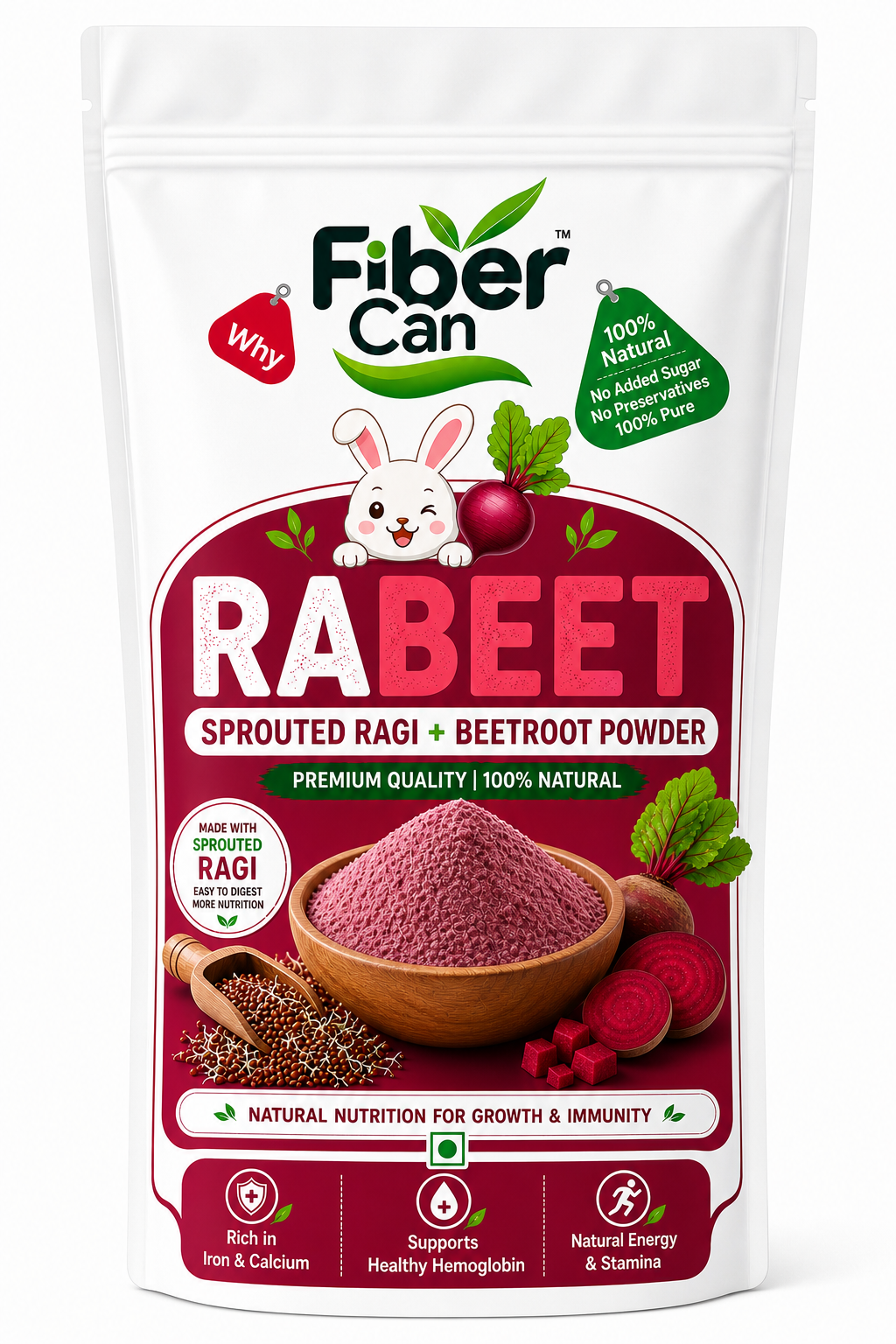 FiberCan Rabeet Sprouted Ragi Beetroot Powder 300g | Natural Detox | High Fiber | Rich in Iron | No Added Sugar, No Preservatives