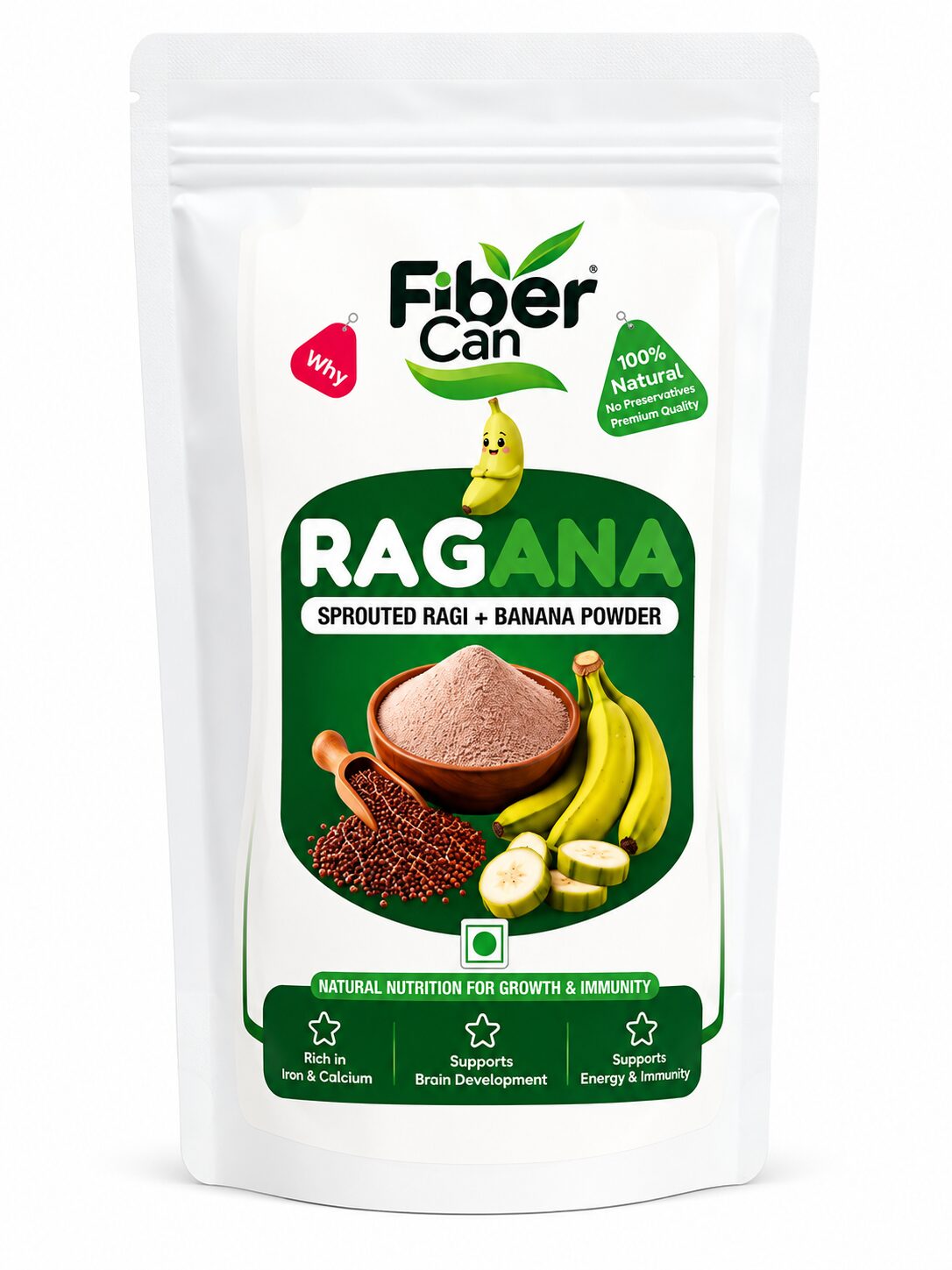FiberCan Ragana Sprouted Ragi Banana Powder 300g | Baby Food | High Fiber Natural Health Mix | No Sugar, No Preservatives