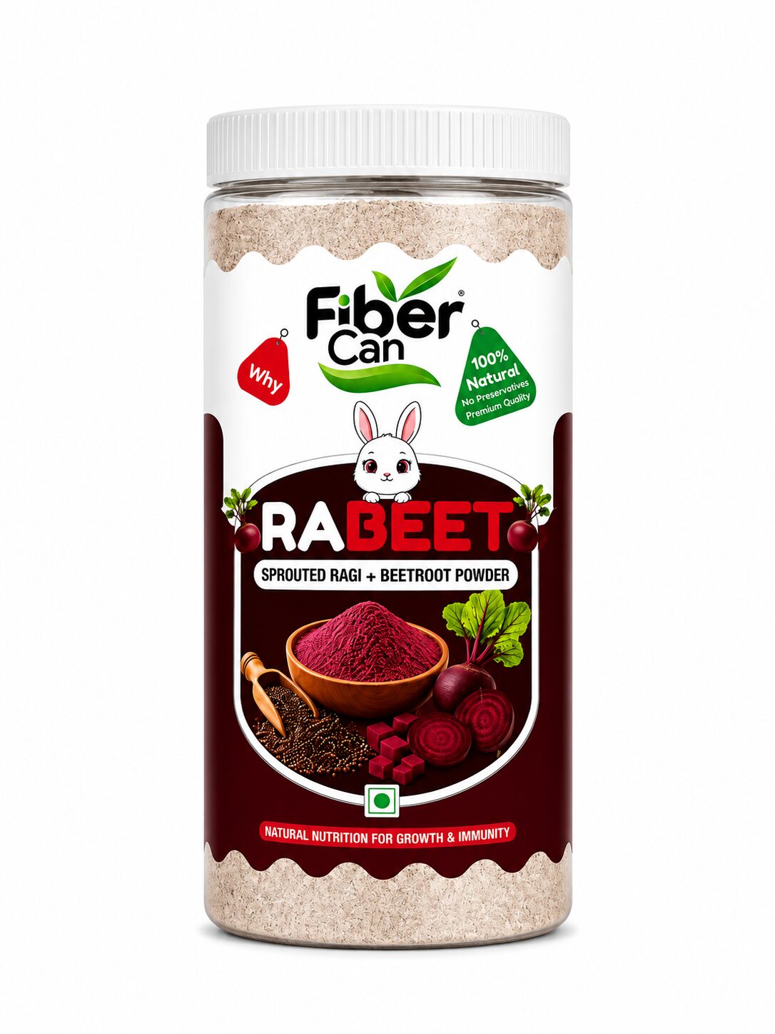 FiberCan Rabeet Sprouted Ragi & Beetroot Powder 500g Pet | Natural Detox | High Fiber | Rich in Iron | No Added Sugar, No Preservatives