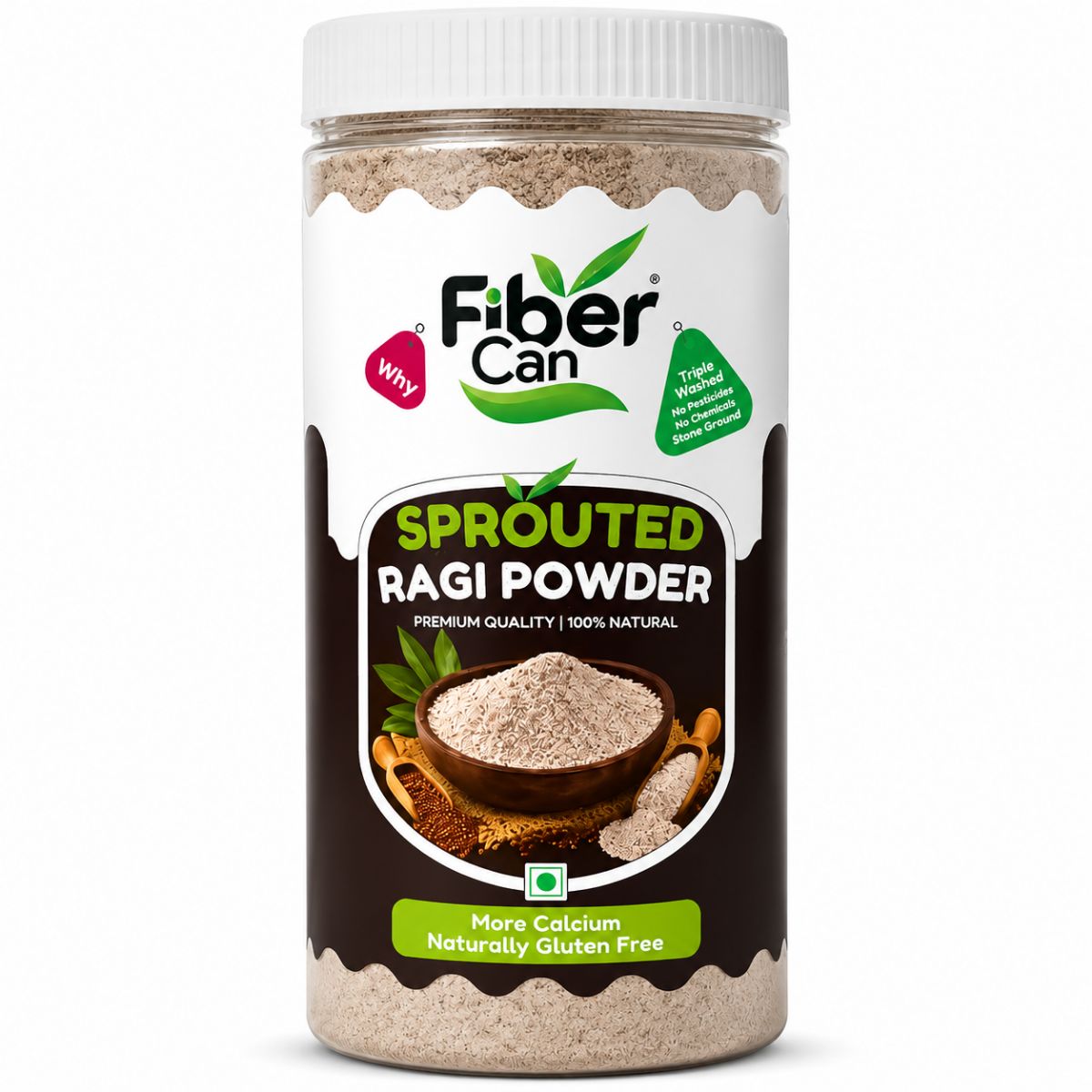FiberCan Sprouted Ragi Flour 500g Pet | Natural Finger Millet | High Fiber Calcium Rich Porridge Drink | Gluten Free Traditional Millet Powder | Cleaned & Stone Free