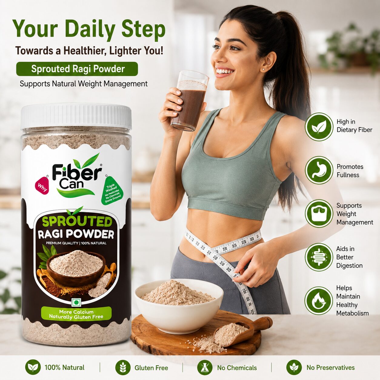 FiberCan Sprouted Ragi Flour 500g Pet | Natural Finger Millet | High Fiber Calcium Rich Porridge Drink | Gluten Free Traditional Millet Powder | Cleaned & Stone Free - Image 2