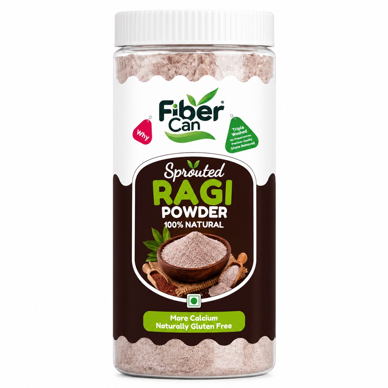 FiberCan Sprouted Ragi Flour 500g Pet | Natural Finger Millet | High Fiber Calcium Rich Porridge Drink | Gluten Free Traditional Millet Powder | Cleaned & Stone Free