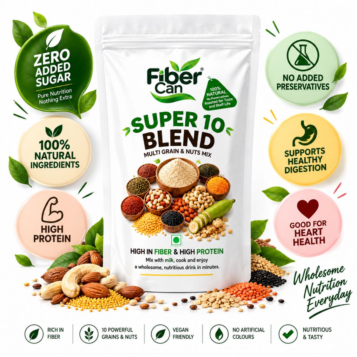 FiberCan Home Made Super10 Blend 300g | Multigrain Health Mix Powder | Protein Rich Millet Drink | Nuts & Fiber | No Added Sugar