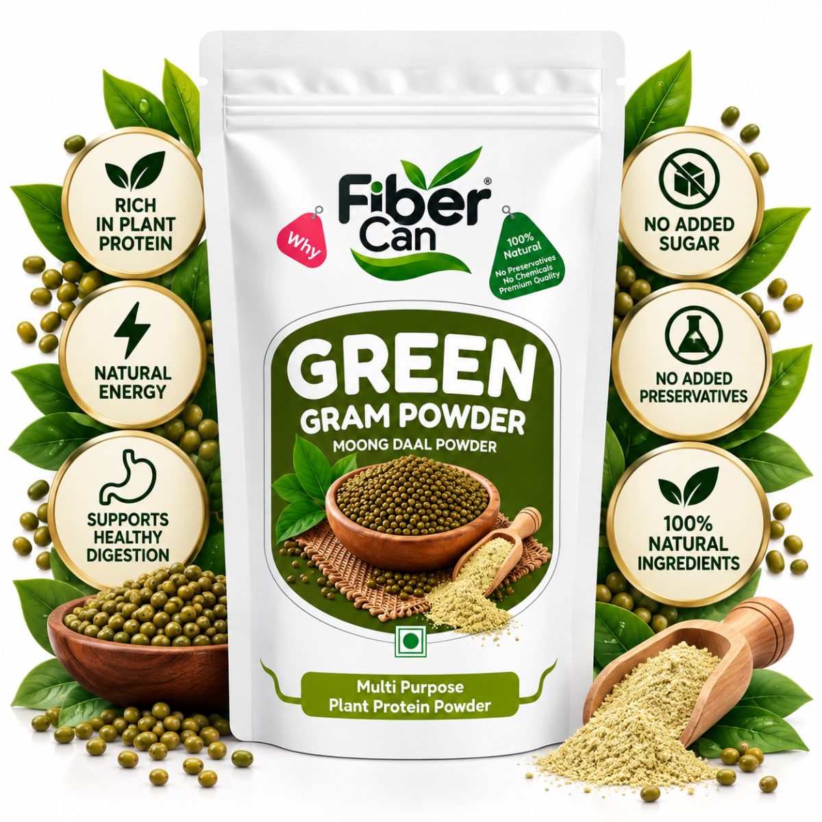 FiberCan Home Made Green Gram Flour 300g | Green Moong Dal Powder | High Protein & Fiber | Natural & Gluten-Free