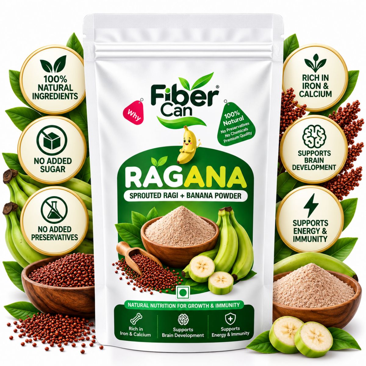 FiberCan Ragana Home Made Sprouted Ragi Banana Powder 300g | Baby Food | High Fiber Natural Health Mix | No Sugar, No Preservatives