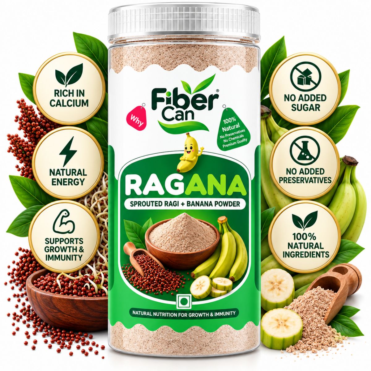 FiberCan Ragana Sprouted Ragi & Banana Powder 500g | Home Made | Source of Pottacium | Product of Kerala