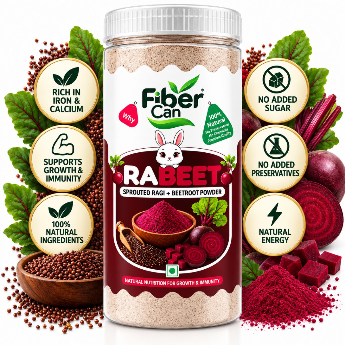 FiberCan Rabeet Home Made Sprouted Ragi & Beetroot Powder 500g Pet | Natural Detox | High Fiber | Rich in Iron | No Added Sugar, No Preservatives
