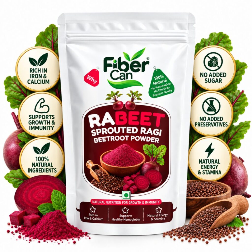 FiberCan Rabeet Home Made Sprouted Ragi Beetroot Powder 300g | Natural Detox | High Fiber | Rich in Iron | No Added Sugar, No Preservatives