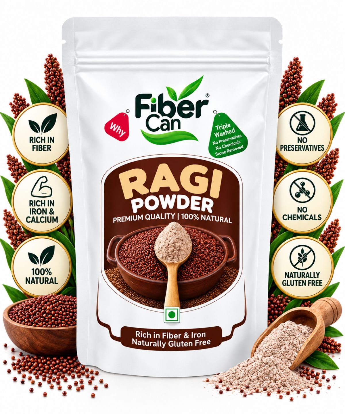 FiberCan Pure Ragi Flour 300g | 100% Clean, No Stones or Sand | Finger Millet Powder | High Calcium & Iron | Natural & Gluten-Free