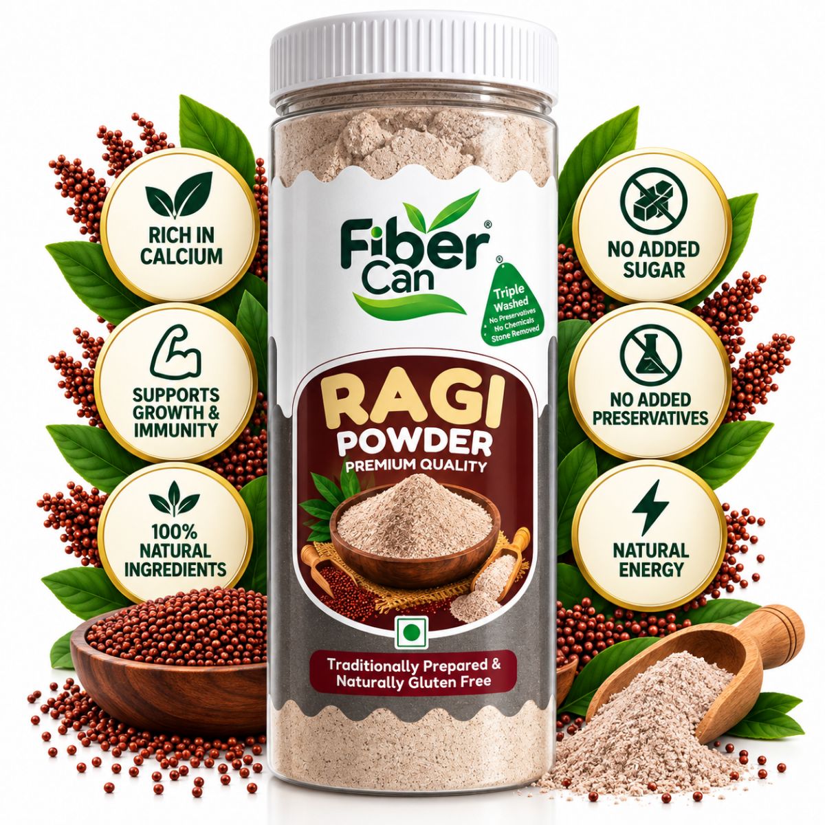 FiberCan Home Made Pure Ragi Flour 500g | 100% Clean, No Stones or Sand | Finger Millet Powder | High Calcium & Iron | Natural & Gluten-Free