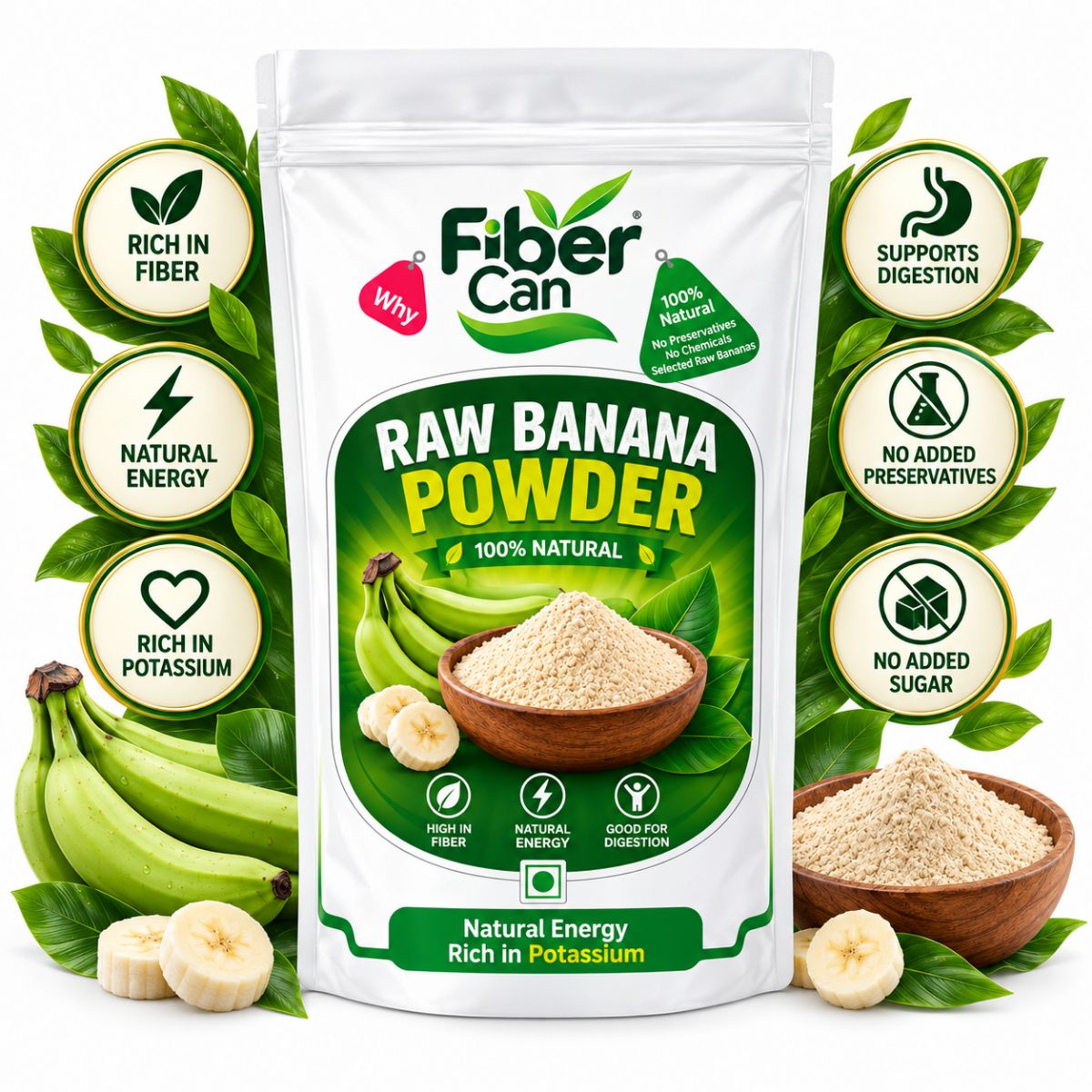 FiberCan Home Made Banana Powder 300g (Kerala Nendran) | Natural Green Banana Flour | Rich in Fiber | No Added Sugar