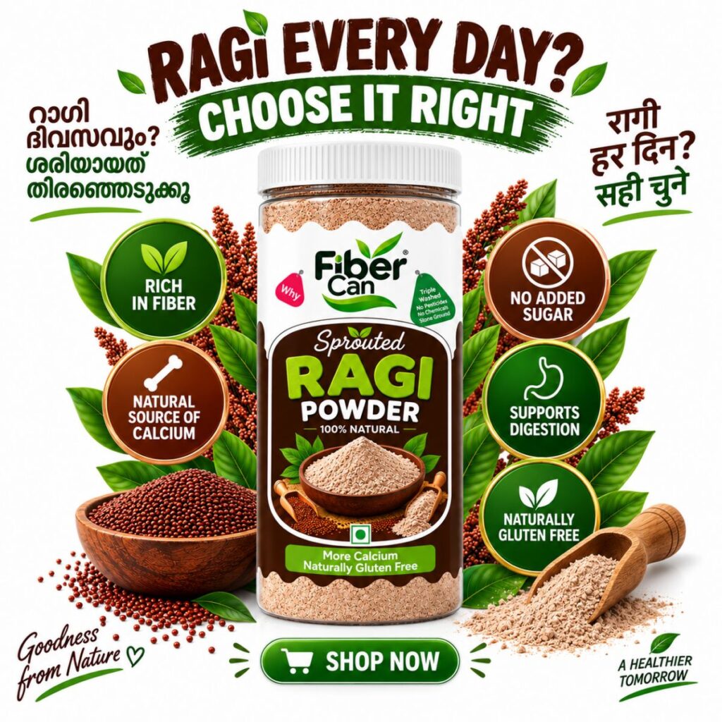 FiberCan Home Made Sprouted Ragi Flour 500g Pet | Natural Finger Millet | High Fiber Calcium Rich Porridge Drink | Gluten Free Traditional Millet Powder | Cleaned & Stone Free